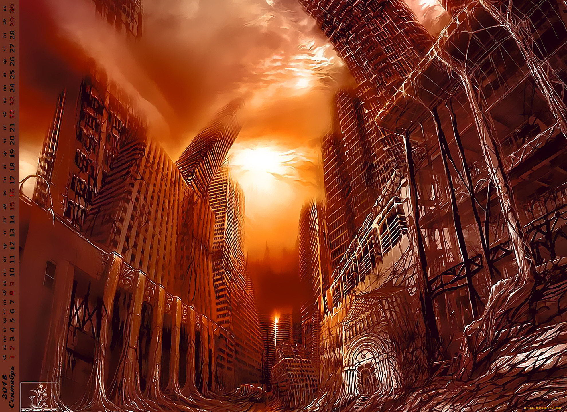 Конец света 24. Разрушенный мир. Разрушенный город. Постапокалипсис фон. Разрушенный город в огне.